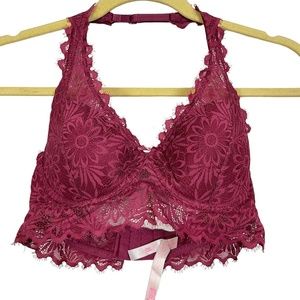 VICTORIA'S SECRET Pink Lace Floral Halter Lightly Lined BRALETTE Bra Underwire S